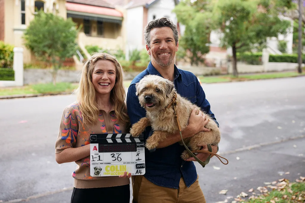 Harriet Dyer and Patrick Brammell on the set of Colin From Accounts
