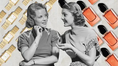 Two vintage-dressed women conversing, with a background of gold watches and perfume bottles.