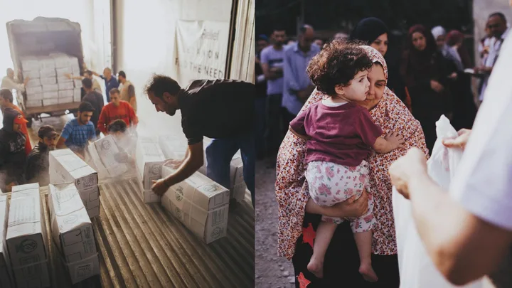 People unloading aid boxes from a truck and a woman holding a child while receiving supplies.