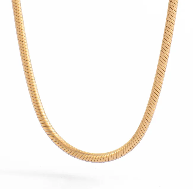Gold snake chain necklace on a white background.