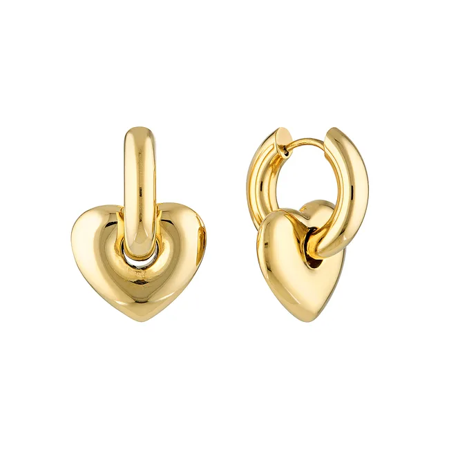 Gold hoop earrings with heart-shaped pendants.
