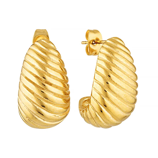 Gold hoop earrings with a ribbed texture on a white background.