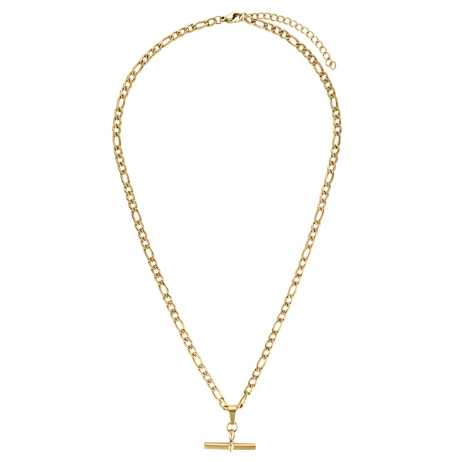 Gold chain necklace with T-bar pendant on white background.