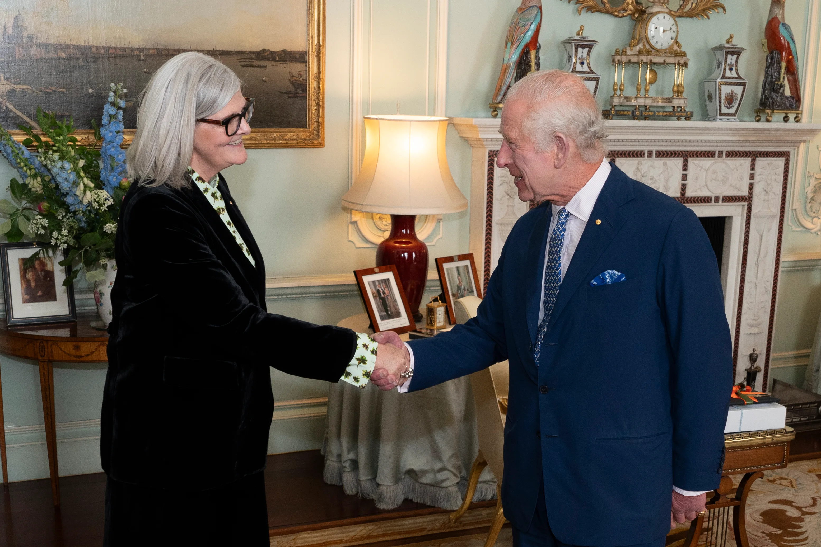 Samantha Mostyn, pictured here with King Charles, was recognised on the King’s Birthday honours list this year.