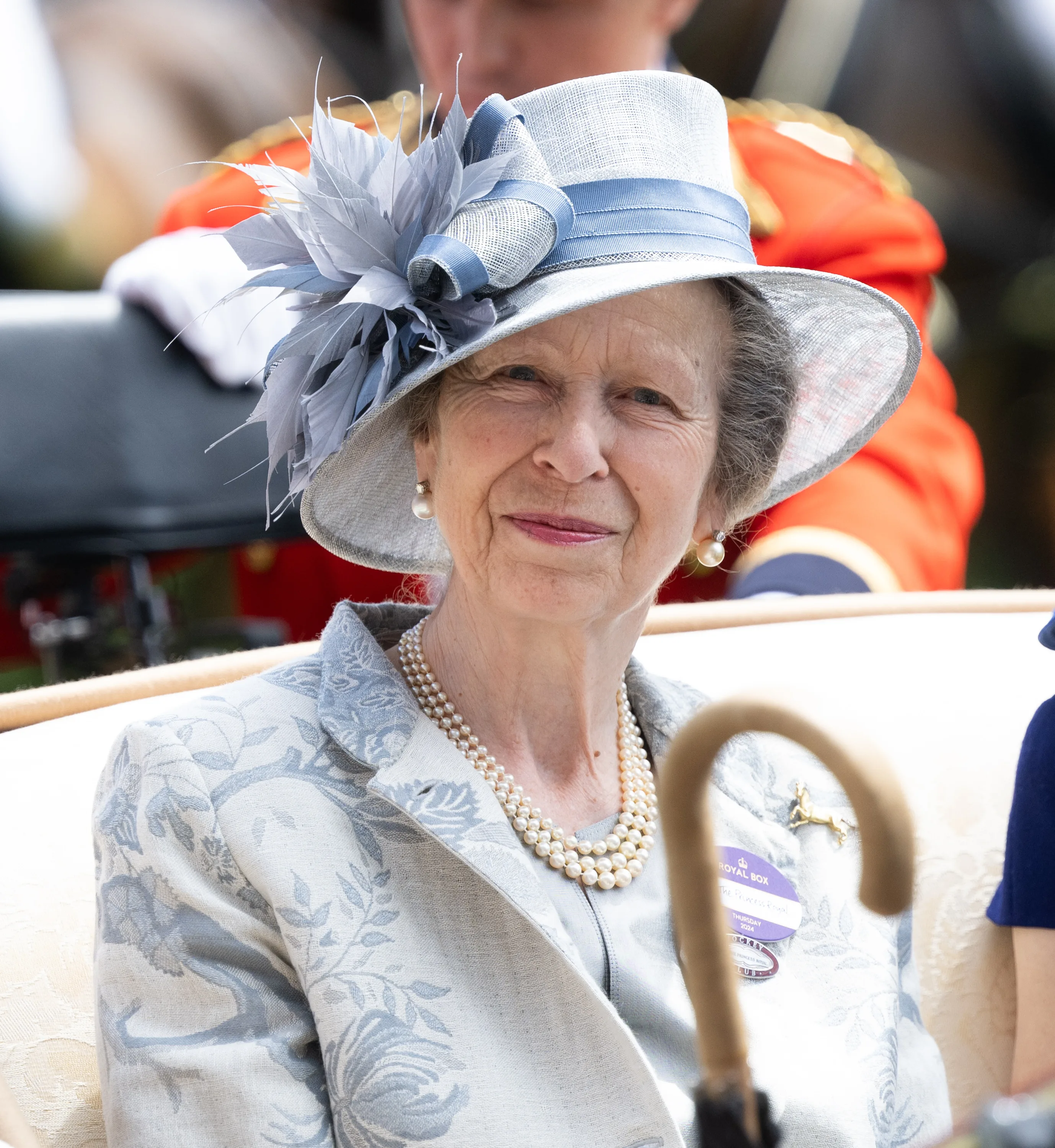 princess anne in a powder blue suit with floral patters and a matching hat. The hardest-working royal spent time in the hospital in 2024, however Princess Anna has no memory of the accident.