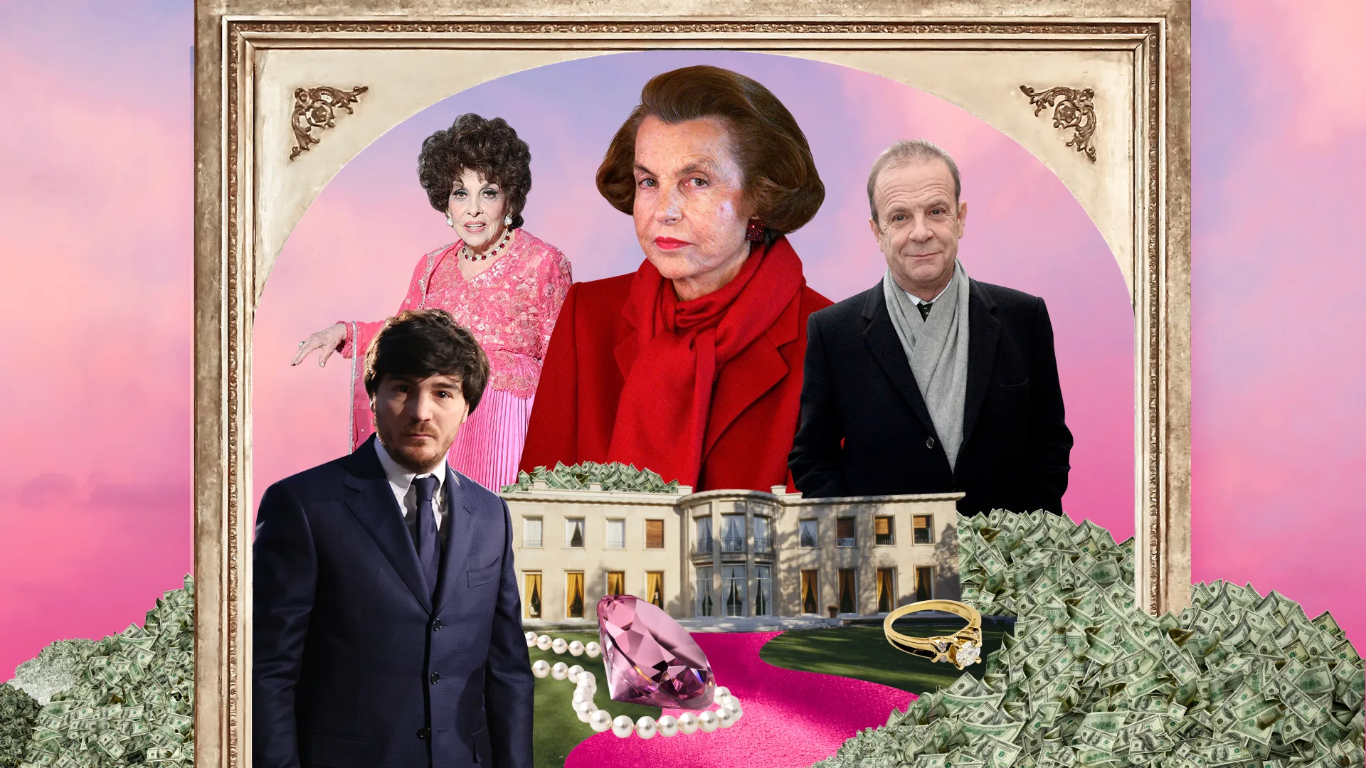 Collage of people in elegant attire with a mansion, jewelry, and piles of cash against a pink sky.