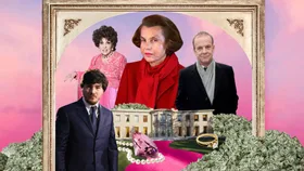 Collage of people in elegant attire with a mansion, jewelry, and piles of cash against a pink sky.