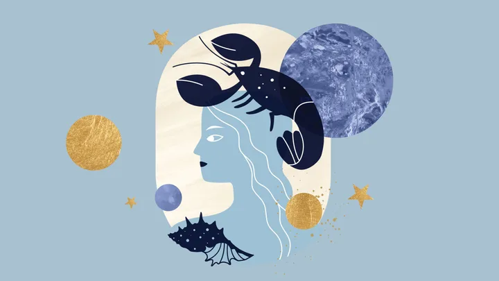 Abstract illustration of a woman's profile with a crab hat, surrounded by celestial elements on a blue background.