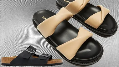Black and beige sandals from Alias Mae and Birkenstock on a textured background.