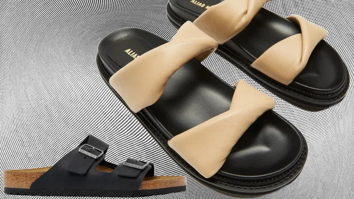 Black and beige sandals from Alias Mae and Birkenstock on a textured background.
