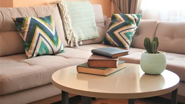 Cozy living room with beige sofa, colorful chevron pillows, stack of books, and a small potted cactus on the coffee table.