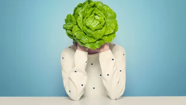 Person with lettuce covering face, wearing a polka dot sweater, sitting at a table against a blue background.