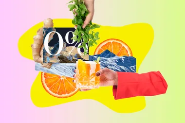 A collage of ginger, mint, citrus, mountains, and a hand holding a drink on a colorful background with "0%" text.