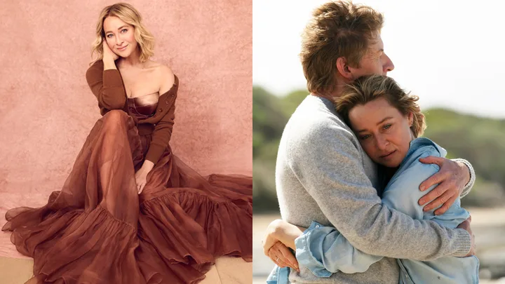 On the left, a woman poses in a brown dress. On the right, a couple embraces outdoors.