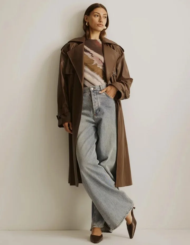 Atmos&Here Mila PU Trench Coat in chocolate colour