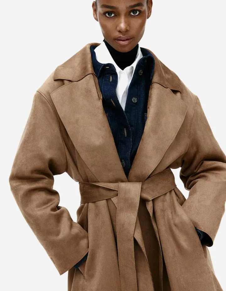 H&M NAPPED TIE BELT COAT - beige