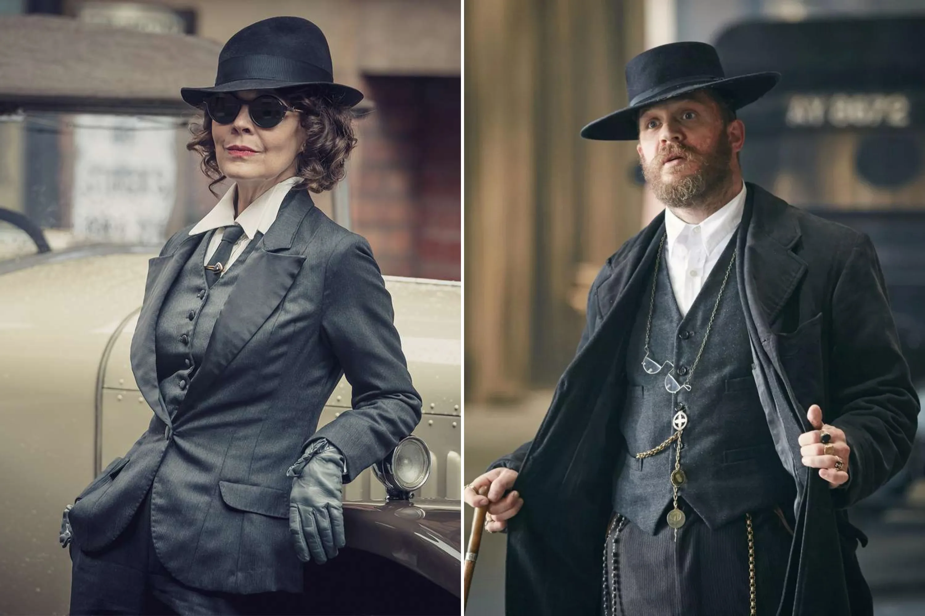 Split photo showing Helen McCrory and Tom Hardy as their Peaky Blinders characters.