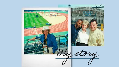 A woman at an Olympic track event; three people outside a stadium. Text: "My story."