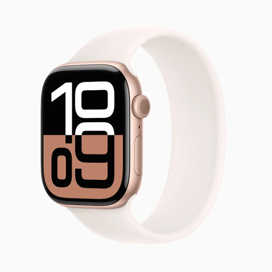 The Apple Watch Series 10 in Rose Gold with a white band.