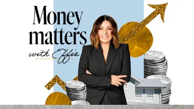 Woman in black suit with "Money Matters with Effie" text, standing by coins and house illustration.