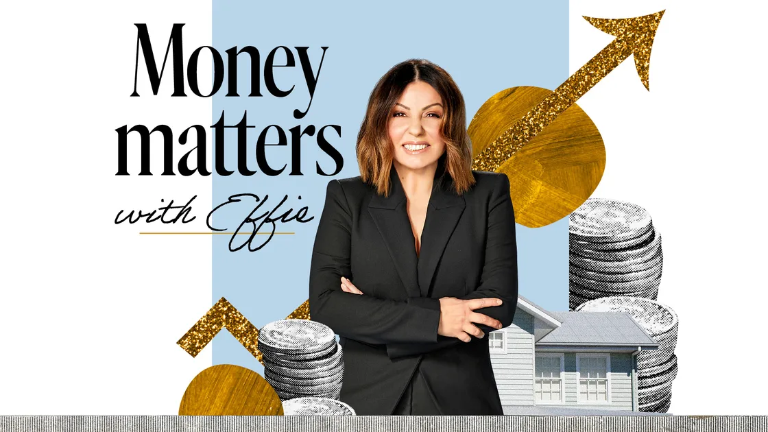 Woman in black suit with "Money Matters with Effie" text, standing by coins and house illustration.