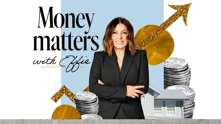Woman in black suit with "Money Matters with Effie" text, standing by coins and house illustration.
