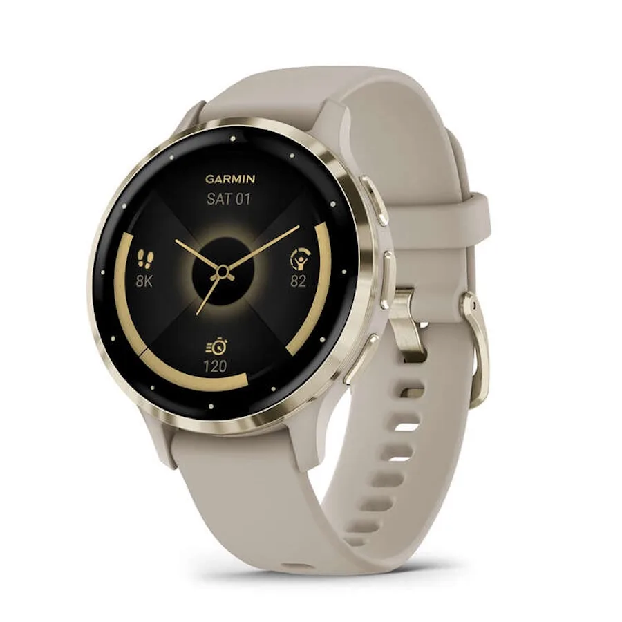 Garmin Venu 3S Smartwatch in French Grey/Soft Gold.