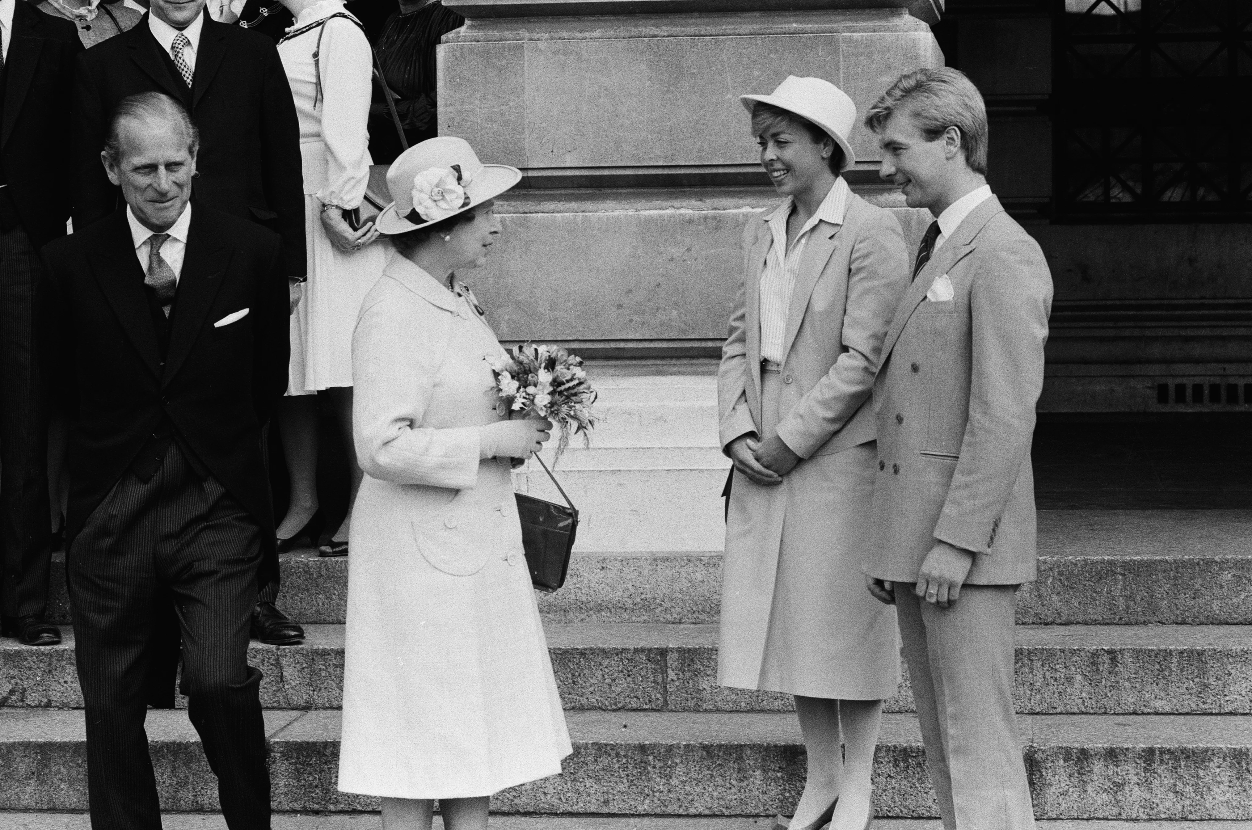 Queen Elizabeth II and Prince Philip, Duke of Edinburgh meet Jayne Torvill and Christopher Dean in Nottingham. 20th April 1984. (Photo by Dick Williams/Mirrorpix via Getty Images)