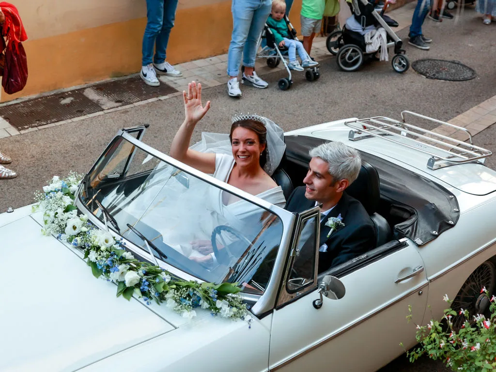 Her Royal Highness Alexandra of Luxembourg & Nicolas Bagory leave the religious Wedding on April 29, 2023 in Bormes-les-Mimosas, France. (Photo by Arnold Jerocki/WireImage)