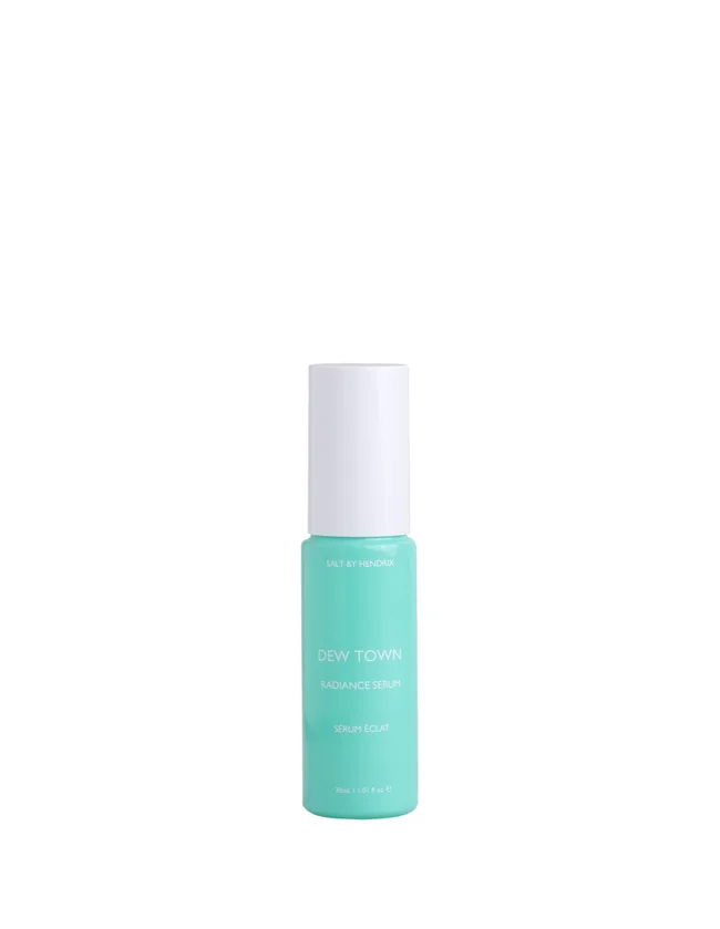 Turquoise bottle of Salt by Hendrix Dew Town Radiance Serum with white label and cap.