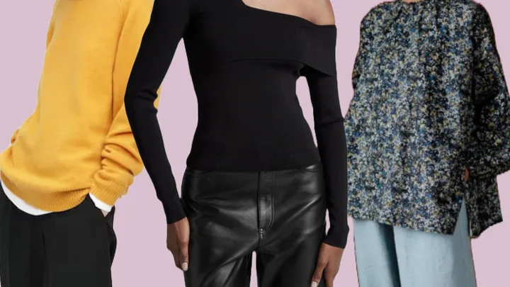 Three fashion outfits: a yellow sweater, a black off-shoulder top with leather pants, and a floral-patterned blouse with blue pants.
