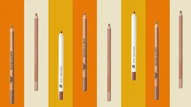 Various lip liners from Make Up For Ever, Glossier, and Holme Beauty on a striped orange and cream background.