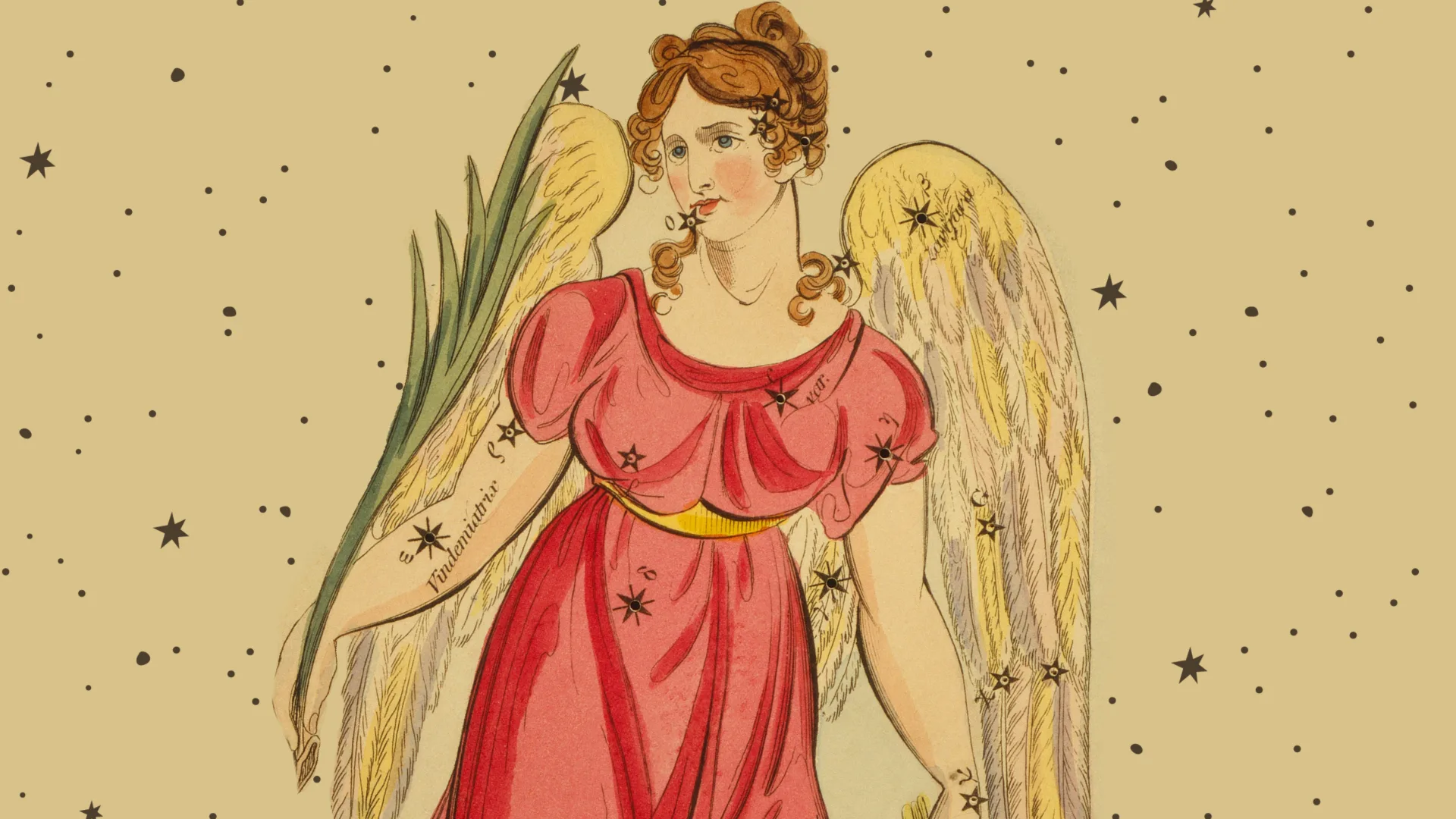 Vintage illustration of Virgo, depicted as an angelic figure in a pink dress, surrounded by stars on a tan background.