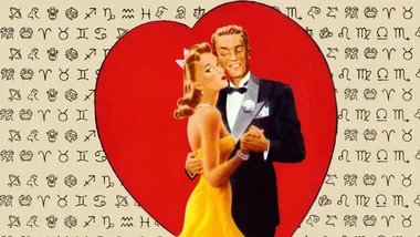 A couple dressed in formal attire, dancing within a red heart backdrop, surrounded by zodiac symbols.