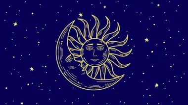 Illustration of a crescent moon and sun with faces on a starry night background.
