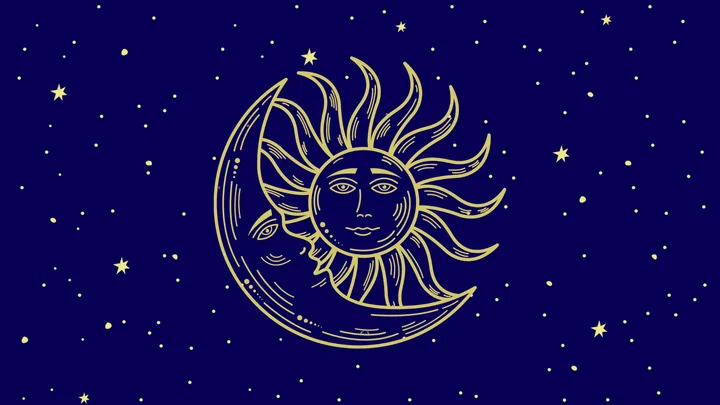 Illustration of a crescent moon and sun with faces on a starry night background.