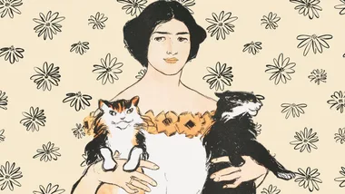 Art Nouveau woman holding two cats, set against a floral pattern background.