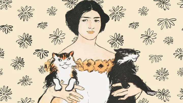 Art Nouveau woman holding two cats, set against a floral pattern background.