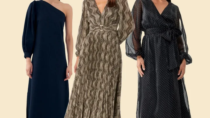 Three women wearing different long-sleeve dresses: a black one-shoulder, a patterned, and a black polka-dot wrap dress.
