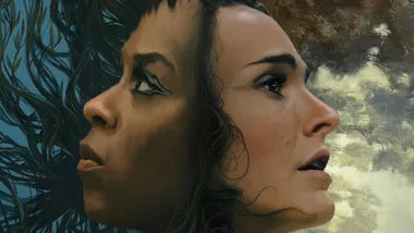 Two women in profile, facing away from each other, with intertwined hair against a cloudy background.