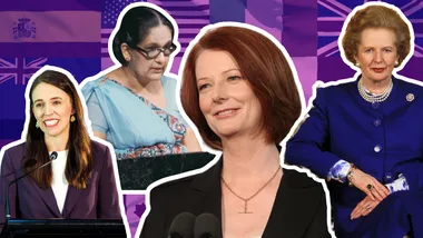 Collage of four women leaders with flags as background.