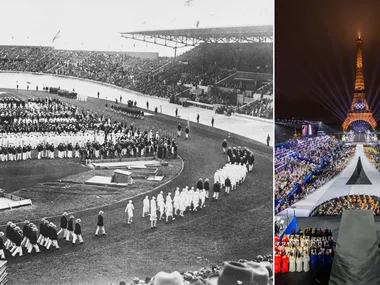 Two side-by-side images: historic Olympic ceremony and a modern one with the Eiffel Tower lit up.