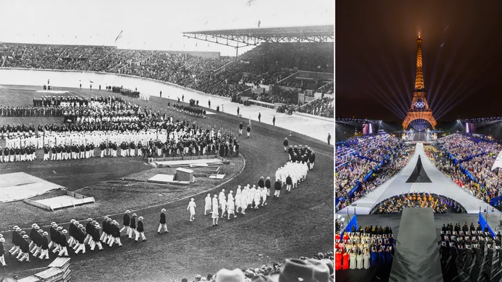 Two side-by-side images: historic Olympic ceremony and a modern one with the Eiffel Tower lit up.