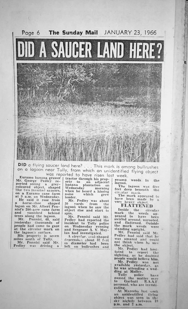 Old newspaper clipping of crop circle Australia Tully. Text says, 'Did a saucer land here?'
