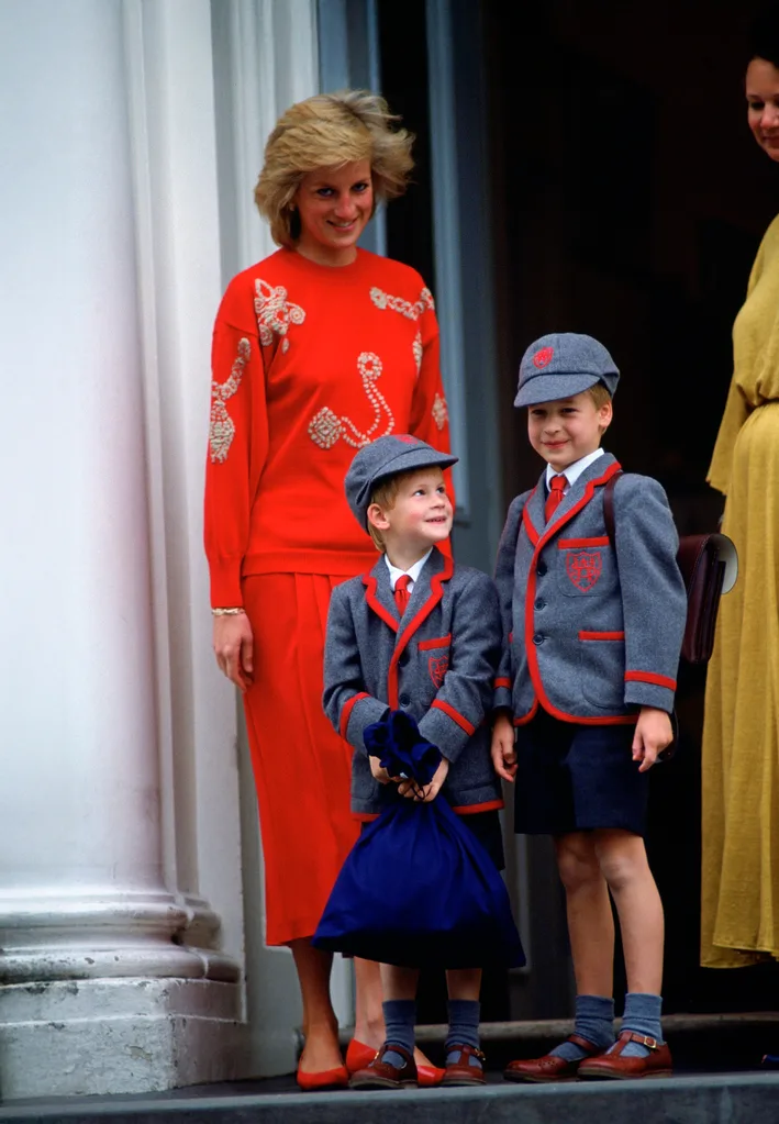 Princess Diana with Prince William and Princess Harry, who wear school uniforms