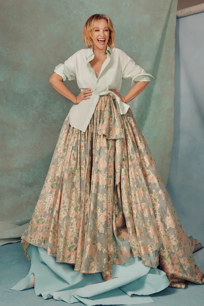 Rebecca Gibney wearing VOELLK camisole and skirt, Matteau shirt.