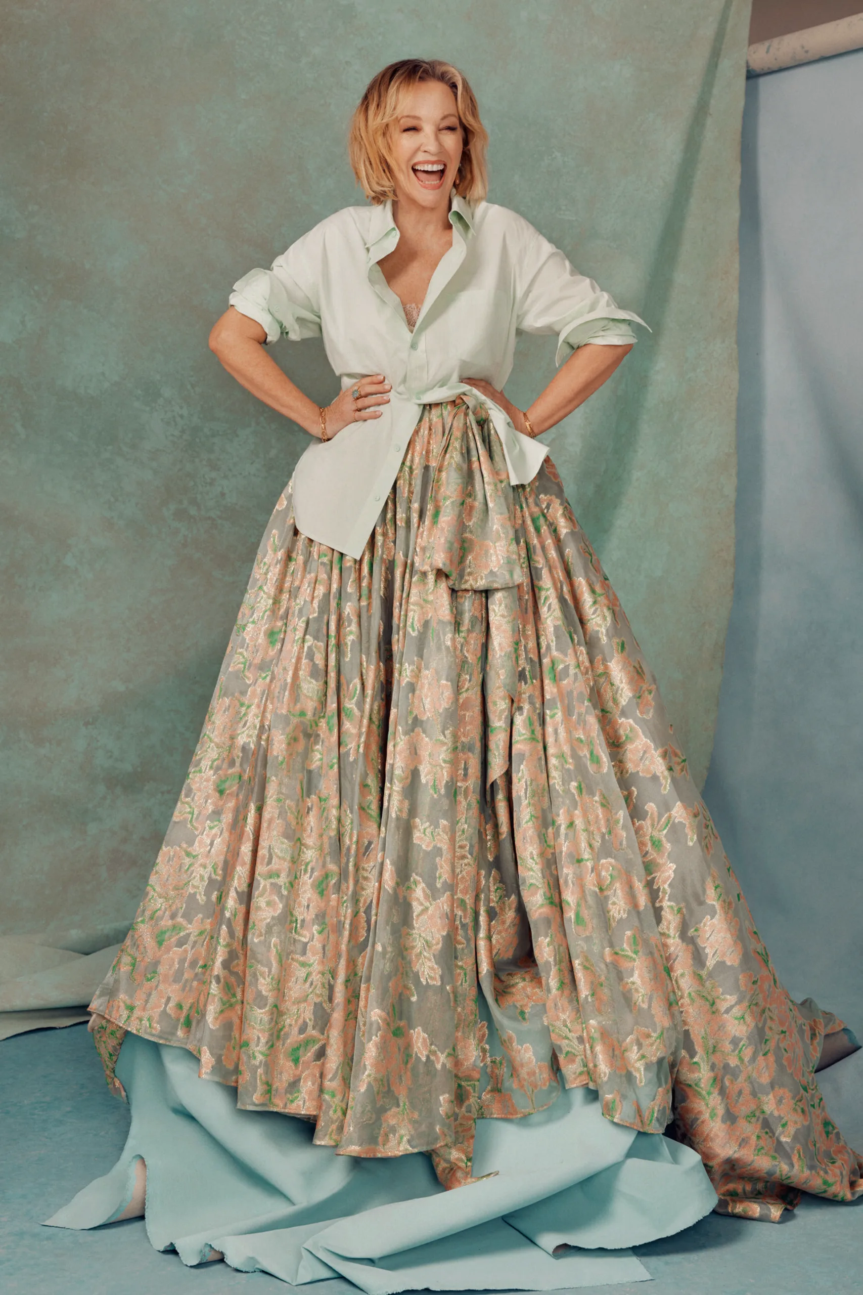 Rebecca Gibney wearing VOELLK camisole and skirt, Matteau shirt.