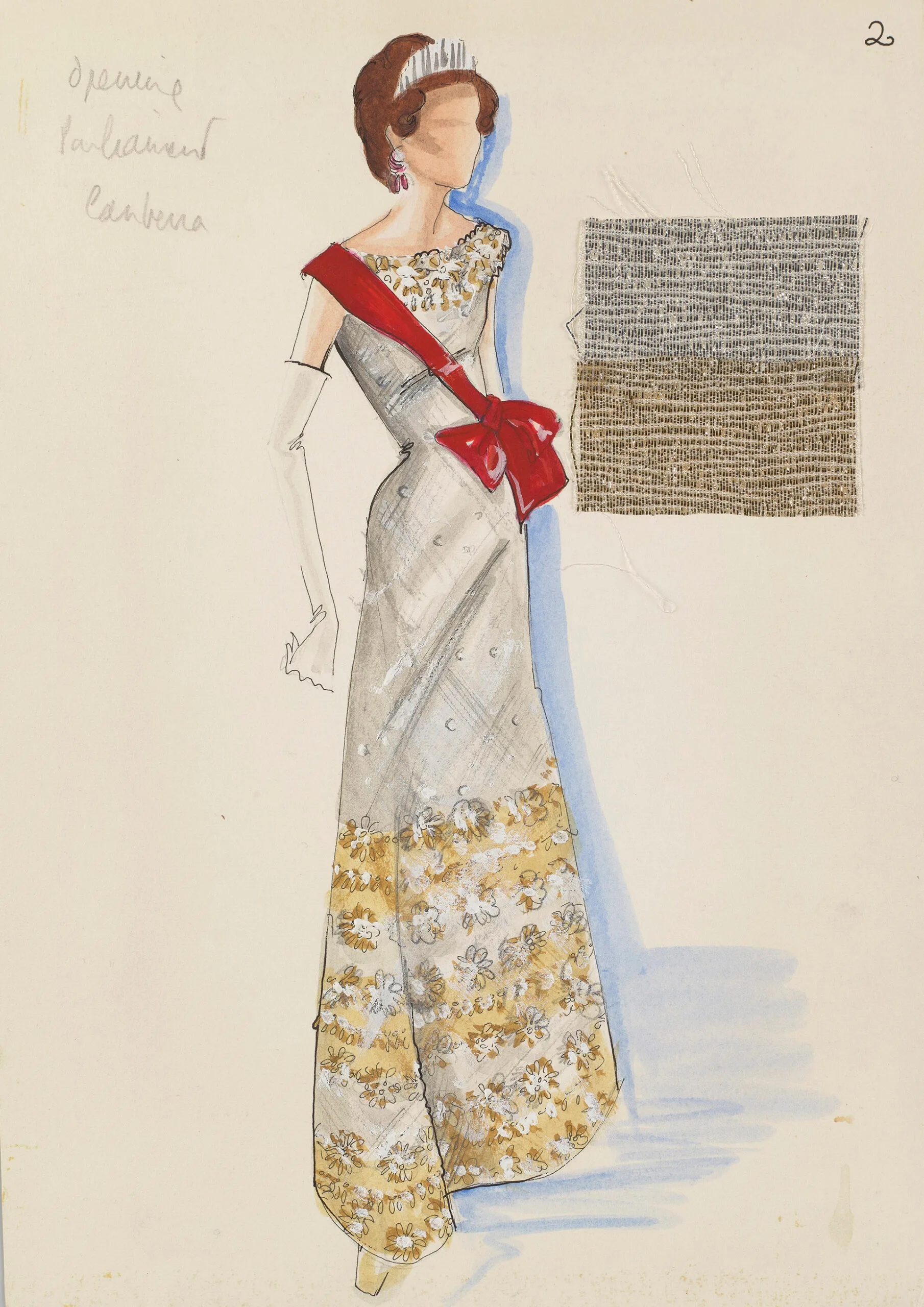 sketch of a floor length white gown with yellow details