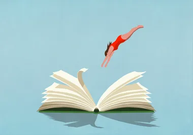 Illustration of a woman diving into an open book, symbolizing immersion in reading.