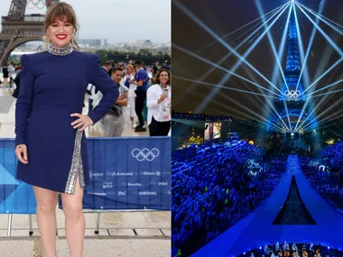 Person in blue dress at Olympic event in Paris; Eiffel Tower with light show at night.